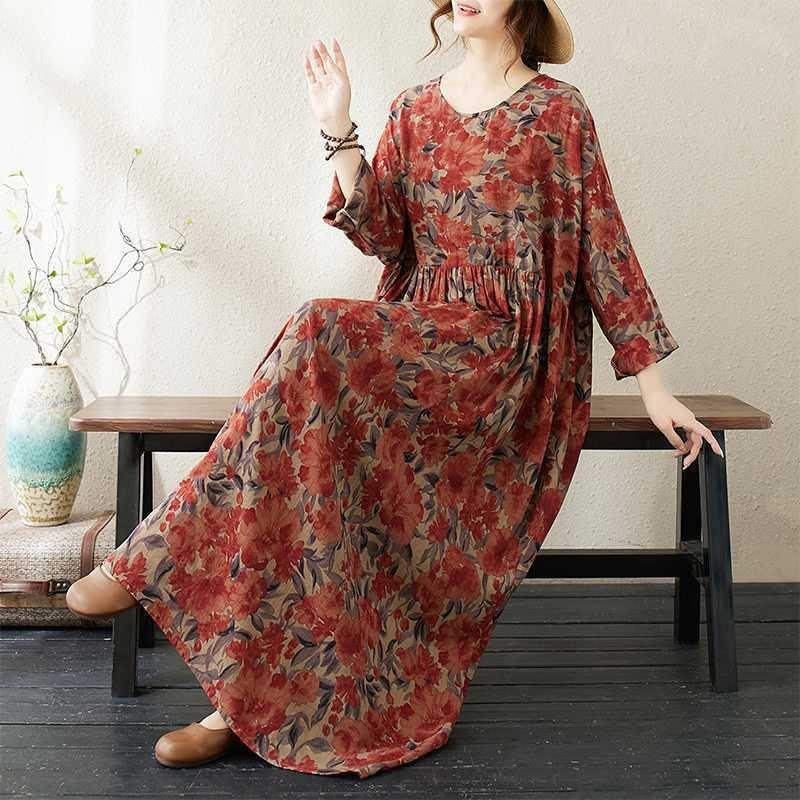 Round Neck Long Sleeve Loose Literary Vacation Style Plus Size Skirt