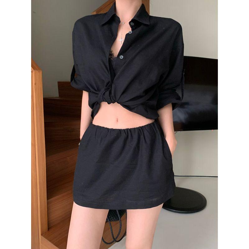 

Kumikumi Элегантный наряд Минималистичный однотонный топ с рукавами половинной длины Женский осенний комплект из двух предметов: юбка с защитой от просвечивания и короткая юбка Black Skirt L