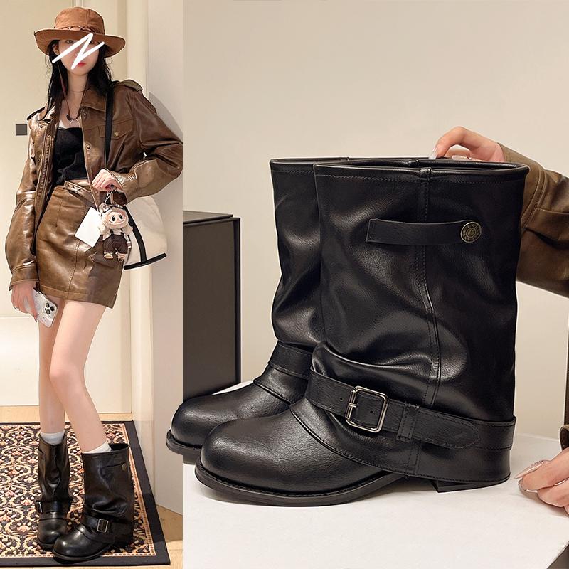 Autumn Winter Women Western Cowboy Boots Fashion Belt Buckle Thick Heel Shoes Ladies Vintage Pleated Short Booties