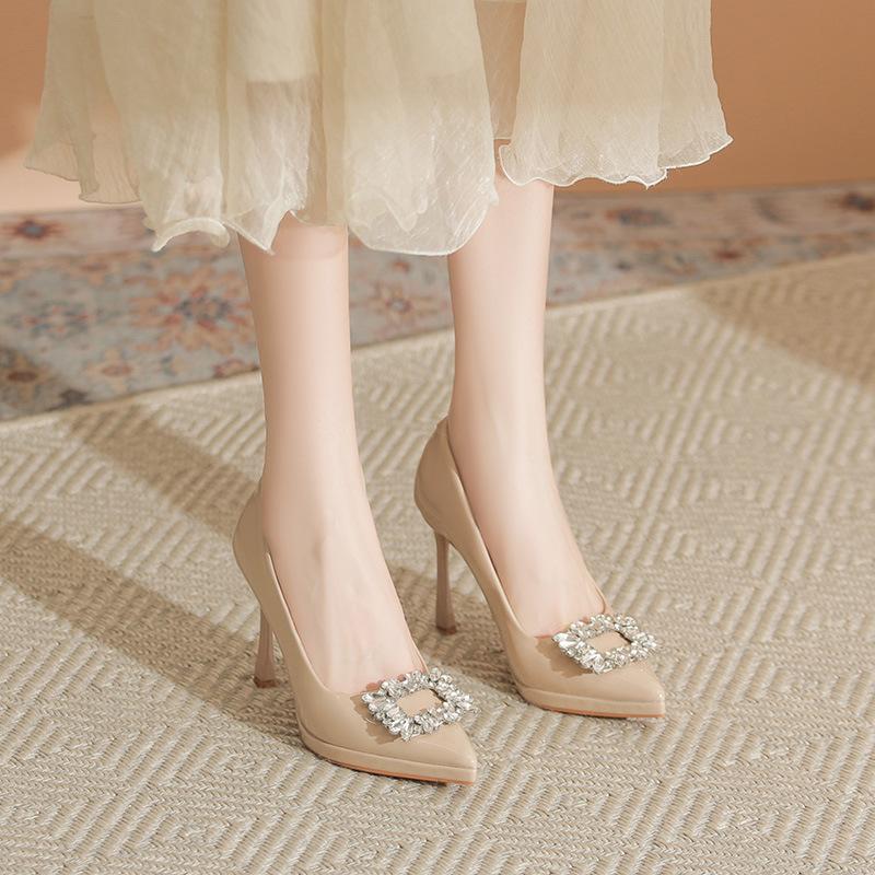 Rhinestone Square Buckle Patent Leather High Heels Women's Pointed Head Thin Heel Waterproof Table Black Temperament Royal Sister Wind Shallow Mouth