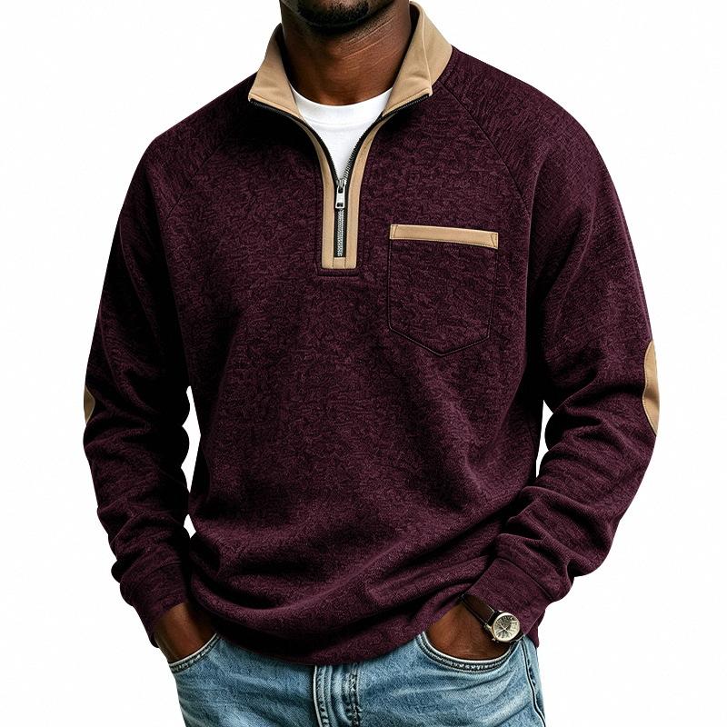 Men S Half Zip Stand Collar Sweatshirt Long Sleeve Loose Casual Top With Color Block Patch Pocket