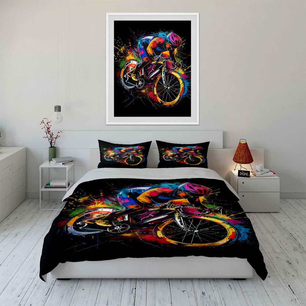 Cyclist with colorful splashes. Bedding sets Duvet cover sets Duvet covers Pillowcases(1* Duvet Cover 2* Pillowcases without duvet insert)