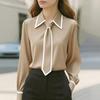 Womens Elegant Solid Color Long Sleeve Blouse V-Neck Office Shirt Soft Satin Fabric