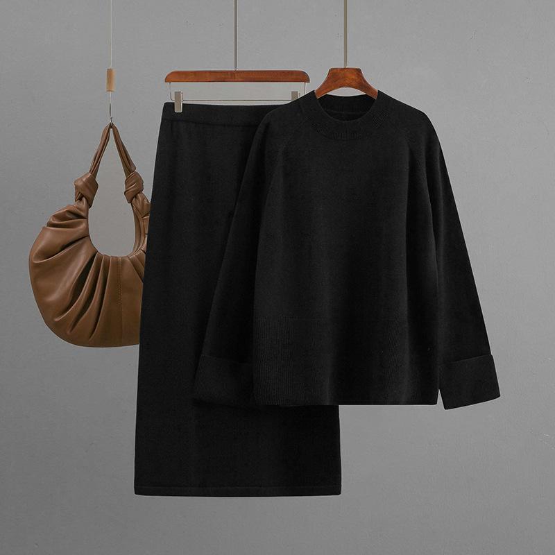Loose Knitted Suit, Autumn and Winter Fashion Round-neck Loose Skirt Two-piece Set