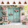 2D Pink Floral Bicycle Backdrop, Spring Turquoise Door Photography Background Banner