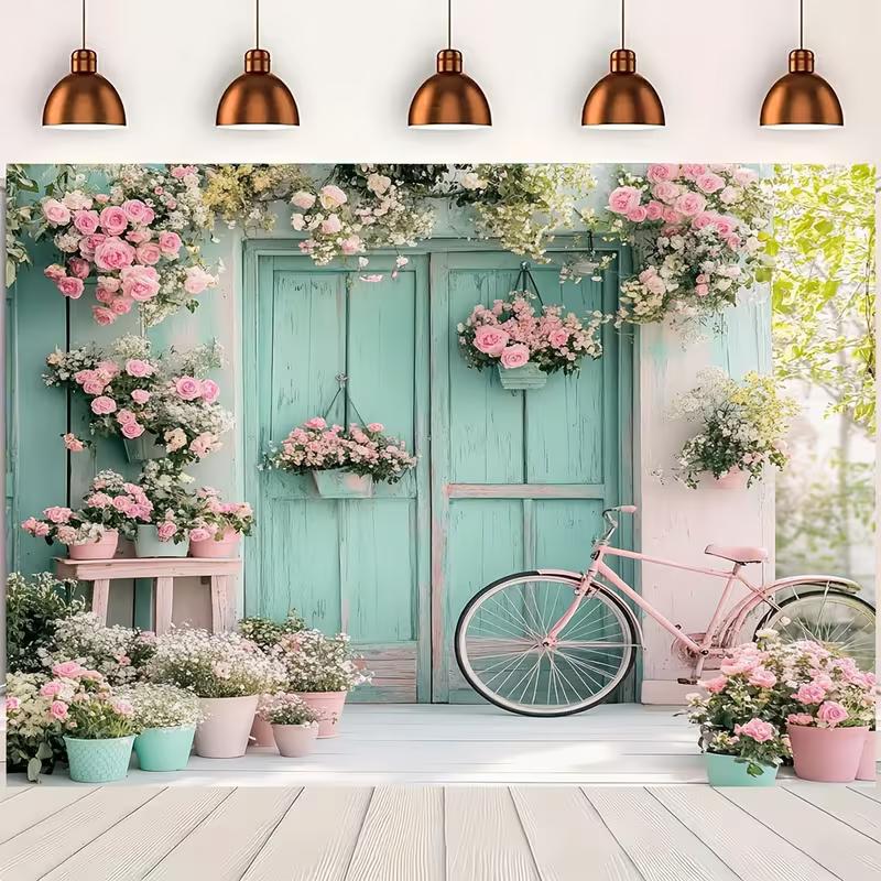 2D Pink Floral Bicycle Backdrop, Spring Turquoise Door Photography Background Banner