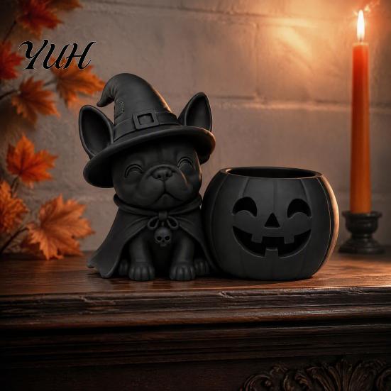 Halloween Party Table Decor French Bulldog Witch Statue, 3D Printed Pumpkin Candle Holder, Desktop Decoration Cute Dog Figurine Tabletop for