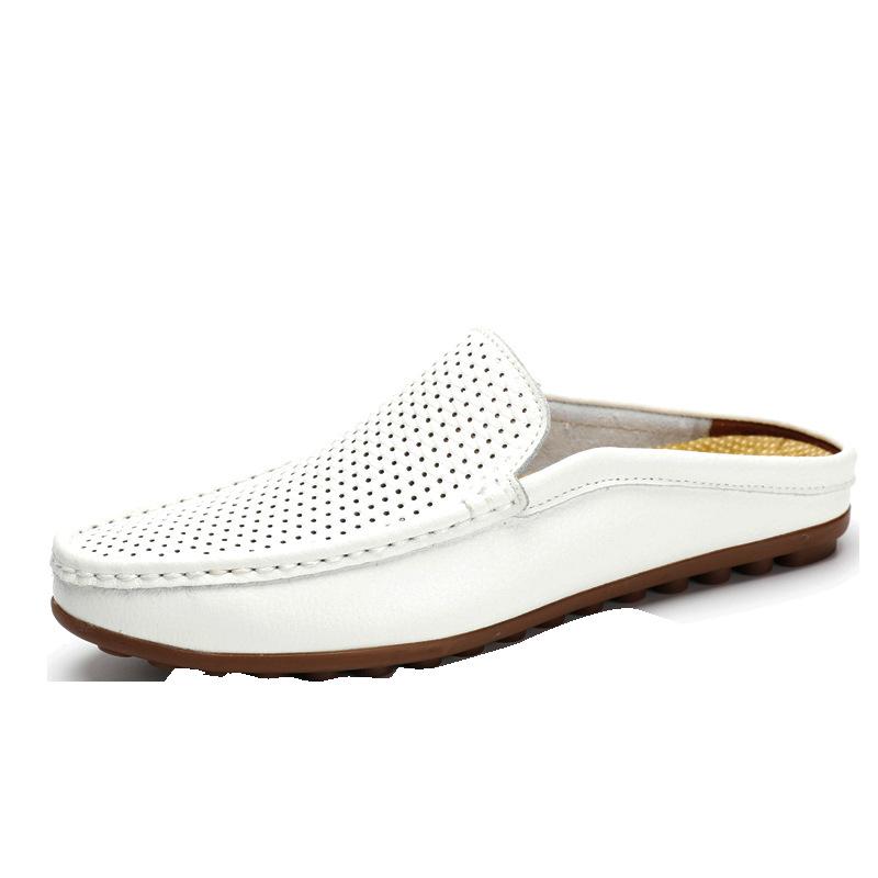 Gommino, papuci pentru bărbați, albi de vară, cu jumătate de papuci, cu toc tub corydalis, cu vârf închis, pantofi casual din piele, sandale britanice leneșe