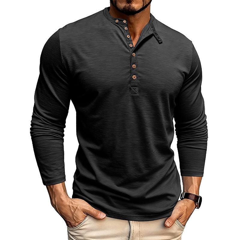 Men s long-sleeved top: Henry-style long-sleeved, loose-fit, round-neck casual sweatshirt S чёрный
