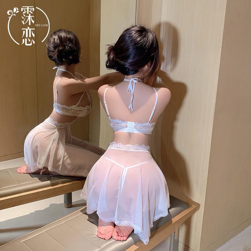 Sex underwear lace mesh suspender transparent sexy neck gathering chest flirting robe