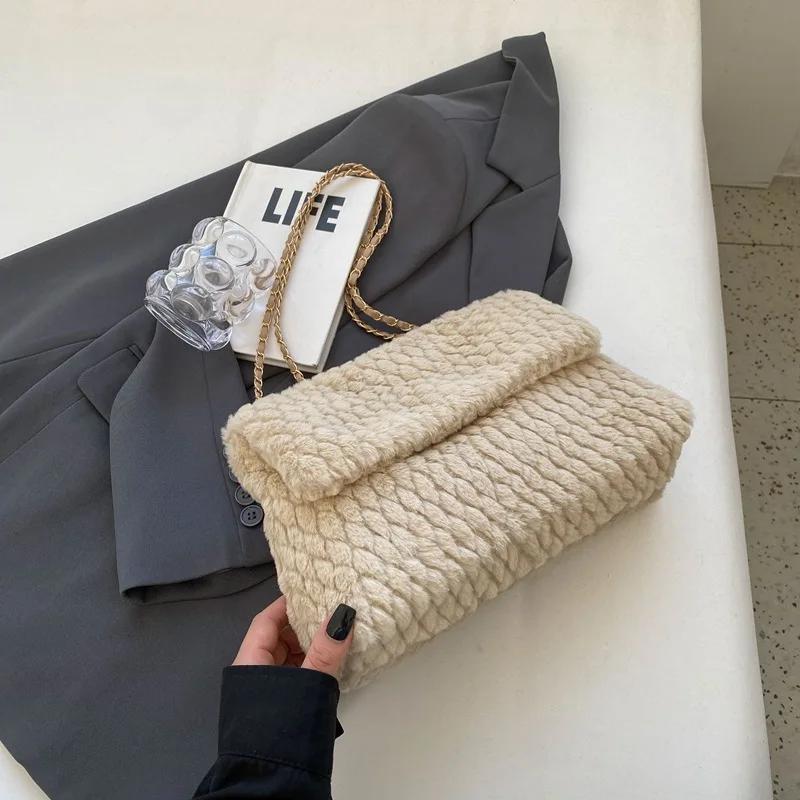 Handmade Fur Crossbody Bag with Chain Rhombic Embroidered Line Large Capacity New Fashion