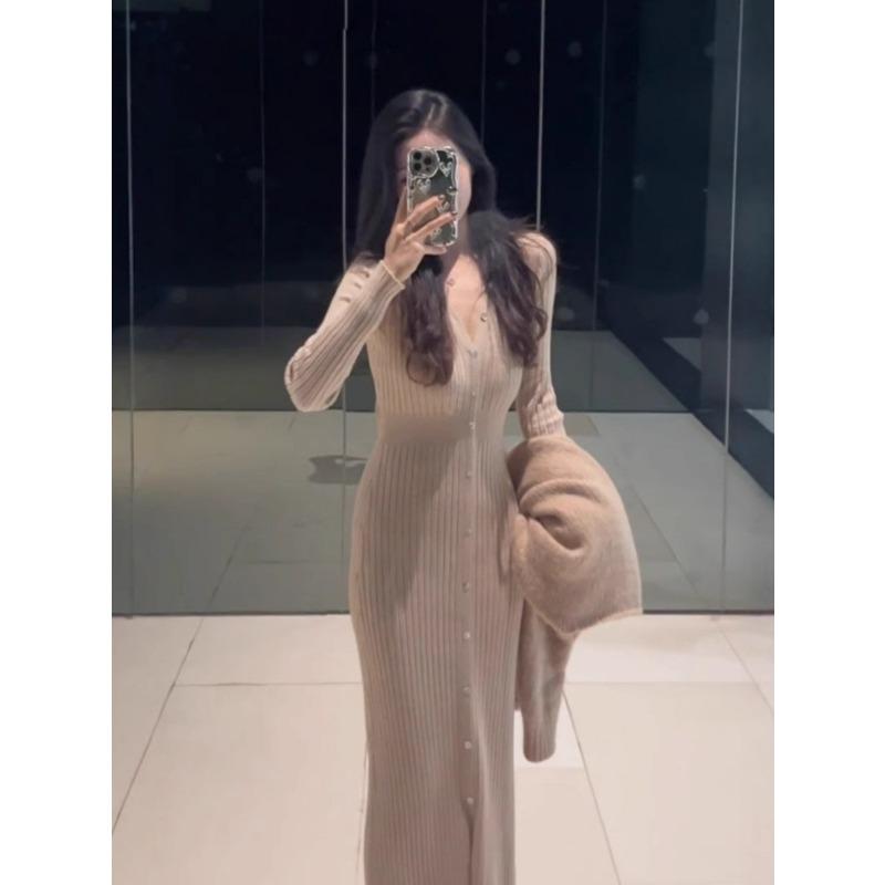 

High-class temperament gentle wind knitted dress children s early spring new waist thin sweater skirt long dress XL хаки