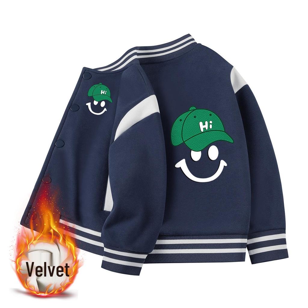 2026 Boys' Korean Style Velvet Baseball Jacket - Autumn/Winter Casual Top