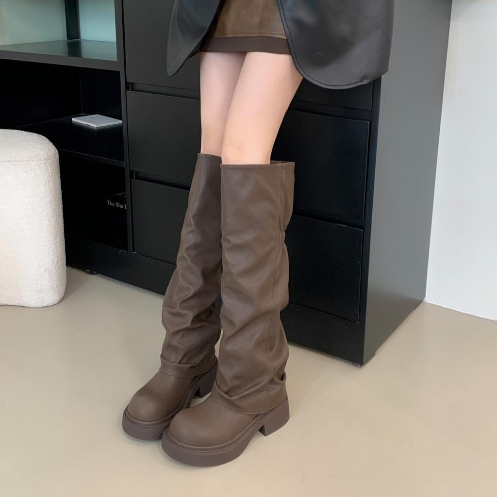 2025 autumn and winter new round head tall tube thin boots trousers women's fashion thick heel knight women's boots