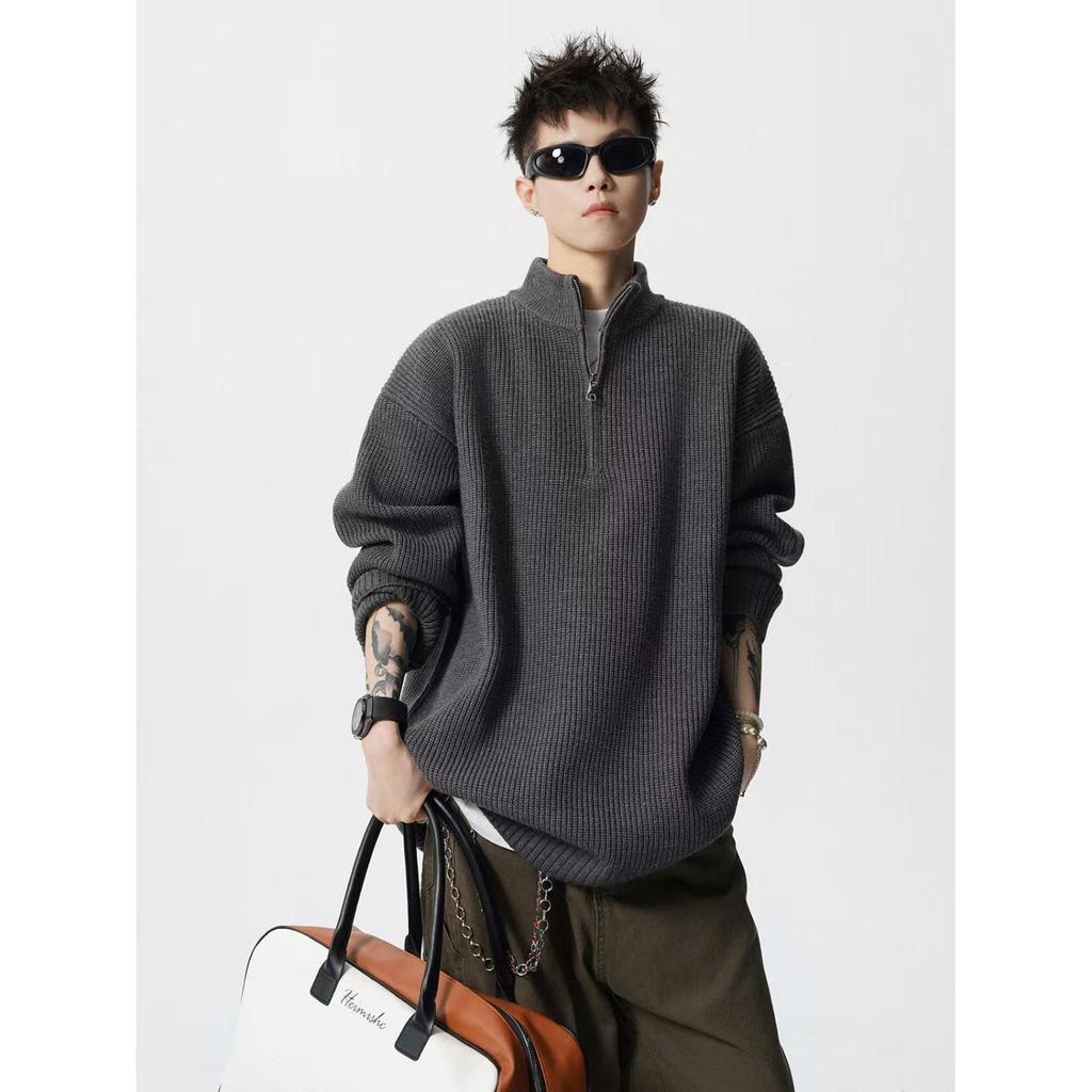Men's High-Neck Half-Zip Loose Knit Sweater - Retro Style, Solid Color, Versatile for Autumn/Winter.