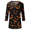 Damen Freizeit V-Ausschnitt Oberteil Halloween-Print Dreiviertelärm Leicht Bluse Lockerer Schnitt Pulloverhemd für die Herbstsaison