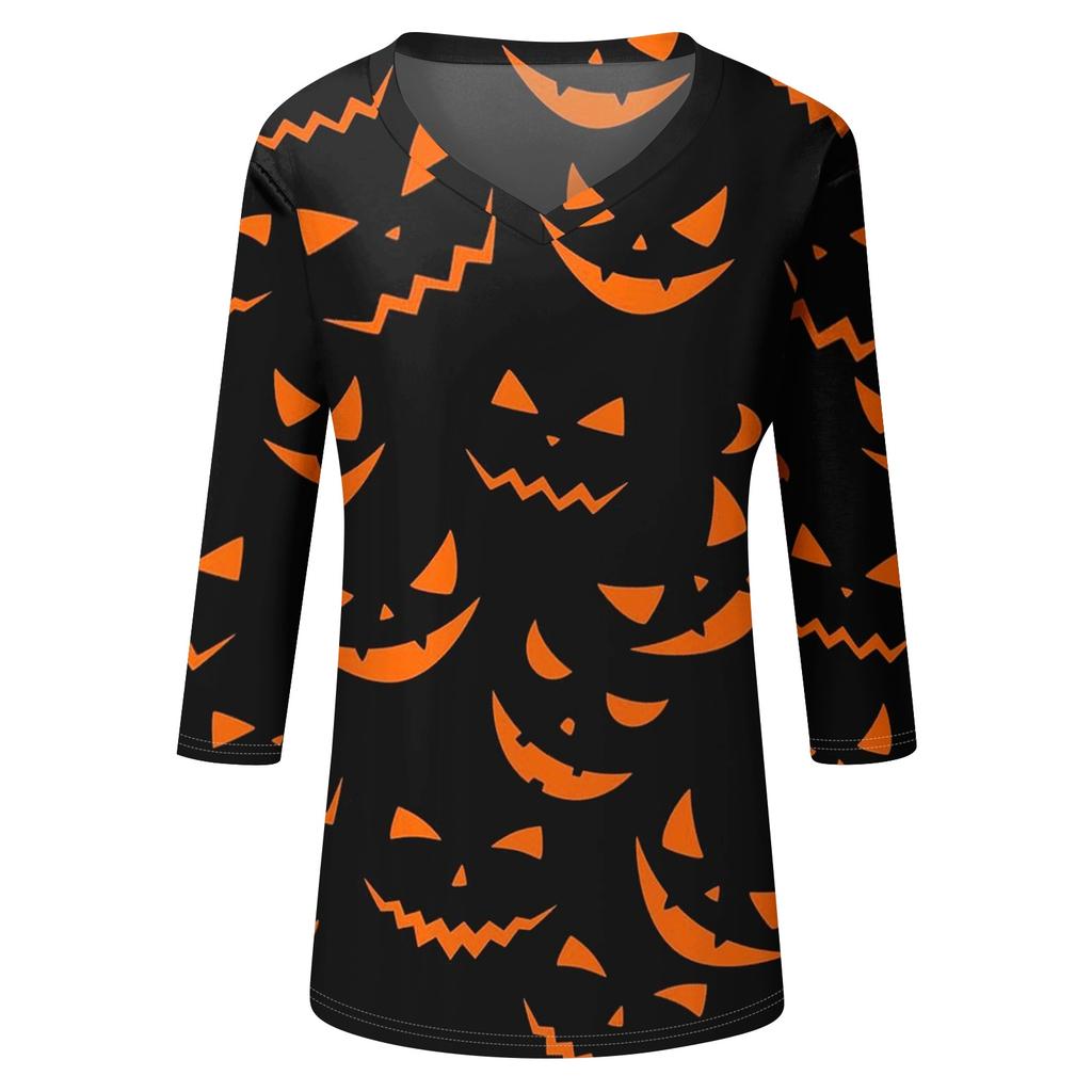 Damen Freizeit V-Ausschnitt Oberteil Halloween-Print Dreiviertelärm Leicht Bluse Lockerer Schnitt Pulloverhemd für die Herbstsaison