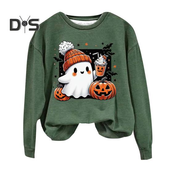 

Женская толстовка на Хэллоуин с рисунком тыквы, летучей мыши, призрака, круглым вырезом, длинными рукавами, пуловер, повседневная спортивная толстовка для поездок на работу M зелёный