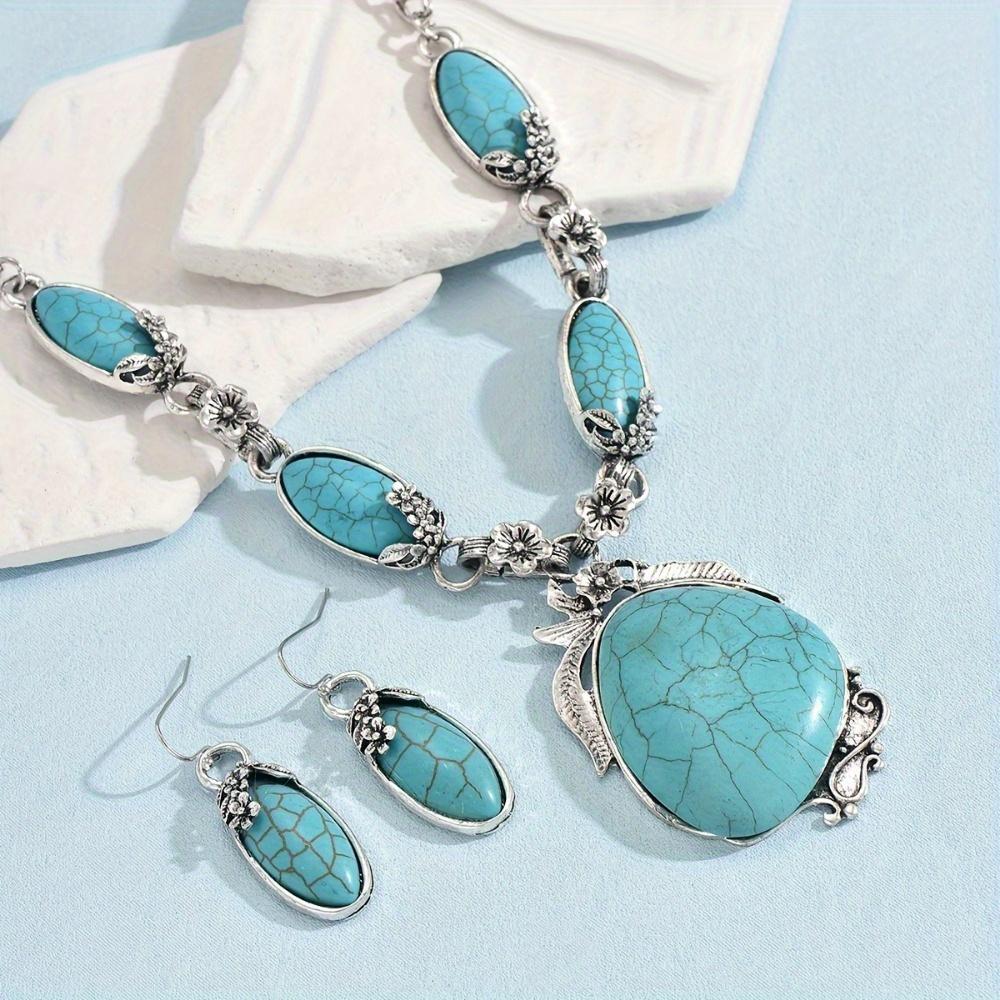 3-Piece Jewelry Set Silvery Alloy Necklace and Earrings with Turquoise Vintage Bohemian Women's Accessories Beach Vacation Gifts