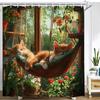 Cartoon Cute Cat Shower Curtain Printed Fabric Garden Flowers and Plants Cats Bathroom Curtain Bathtub Home Decoration Curtain