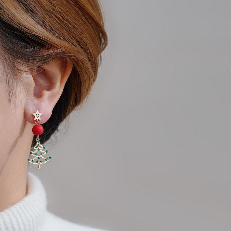 Merry Christmas Xmas Tree Red Ball Asymmetric Stud Earrings for Women New Year Snowflake Bell Deer Zircon Festival Earring