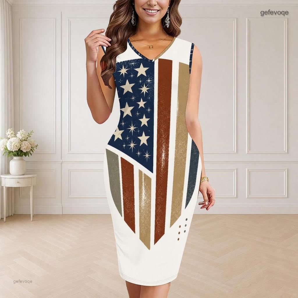 Women Plus Size V Neck Sleeveless Eagle Star Printed Bodycon Midi Dress