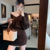 Women's Sweater Set Autumn Winter V-Neck Batwing-Sleeve Ribbed Knit Sweater + Mini Skirt Two-Piece Set Female Outfits