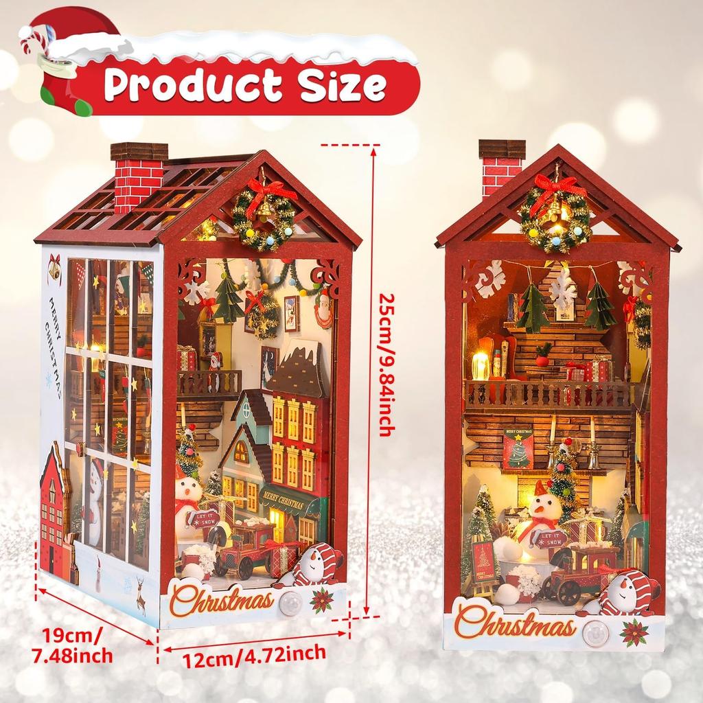 Miniature Dollhouse Christmas Wooden Puzzle Miniature House Kit with Bookshelf Music Box and Sensor Christmas 3D DIY Craft Beginner Adult Birthday