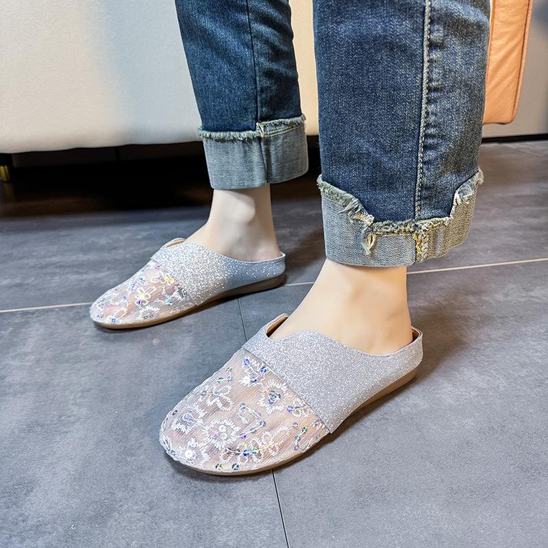 Fashion Round-toed Padded Mesh Half-slipper for Women In 2025 Summer Low-heeled Flat-bottomed, Lazy Person, Hollowed-out Women Slippers