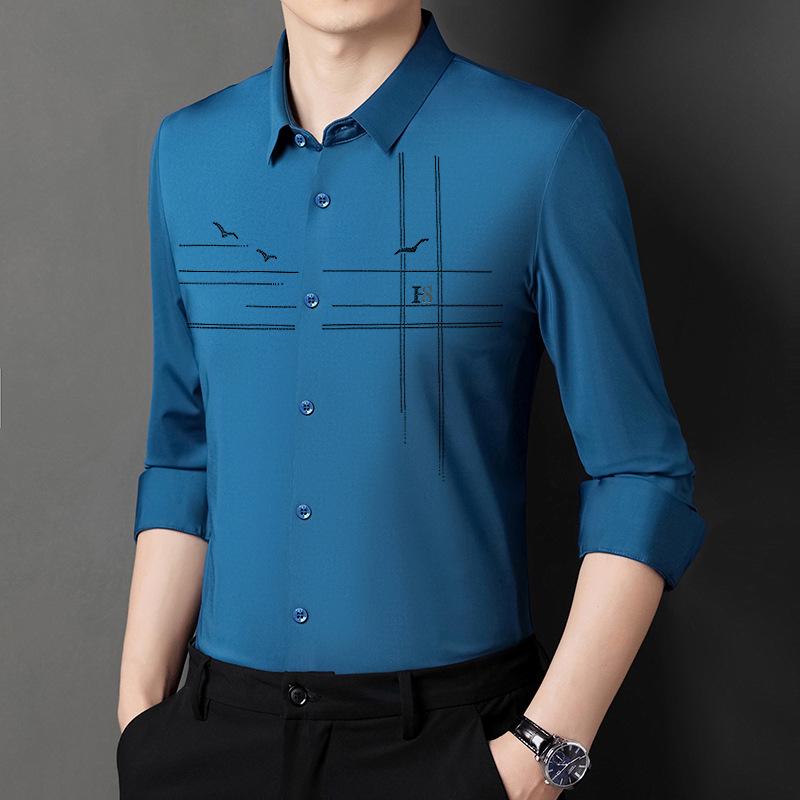 

Мужская бесшовная рубашка с лацканами из ледяного шелка — высокоэластичная, с длинным рукавом, в деловом стиле на весну и осень 2024 года. 3XL