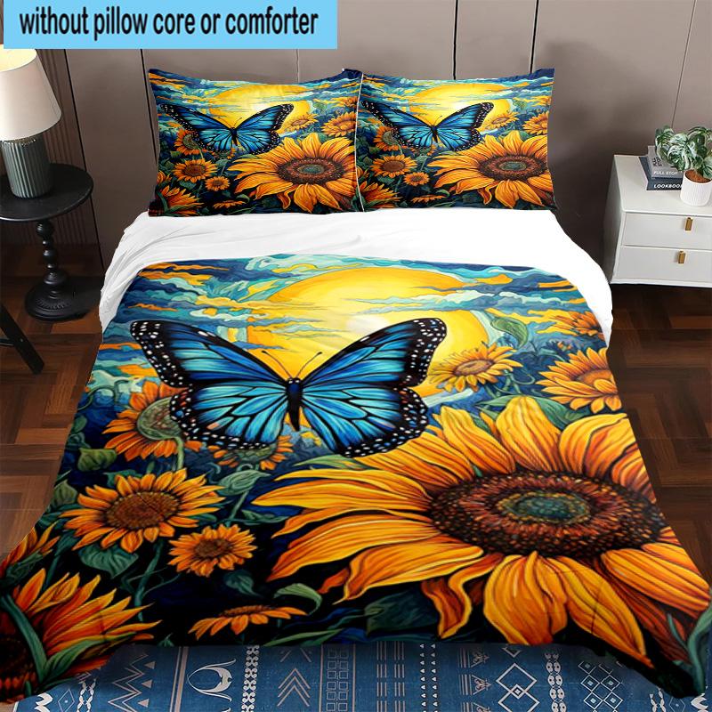 Butterfly And Sunflowers 3pcs Bedding,Including 1pc Duvet Cover And 2pcs Pillowcases Perfect for Christmas,Ideal for Bedroom, Dormitory
