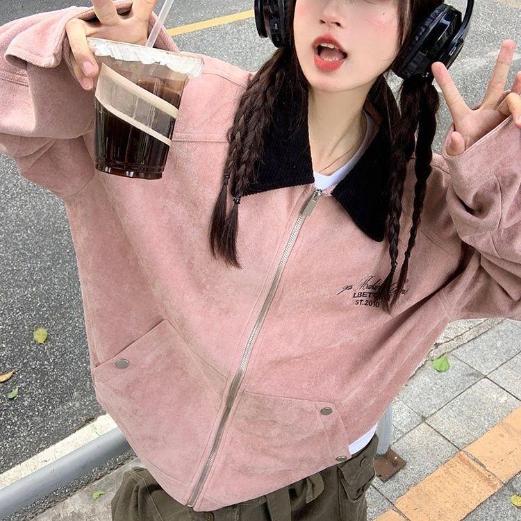 Frühling Herbst Locker Geschnittene Workwear Jacke Damen Rosa Baseballjacke