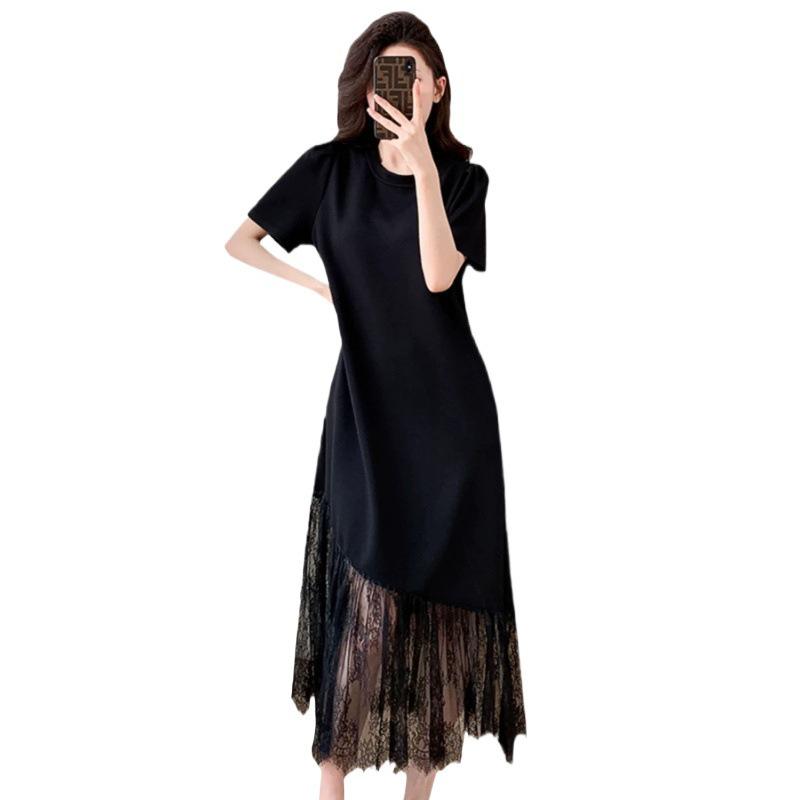 French Lace Patchwork Plus Size Summer Dress - Elegant Loose Short Sleeve Skirt for Women