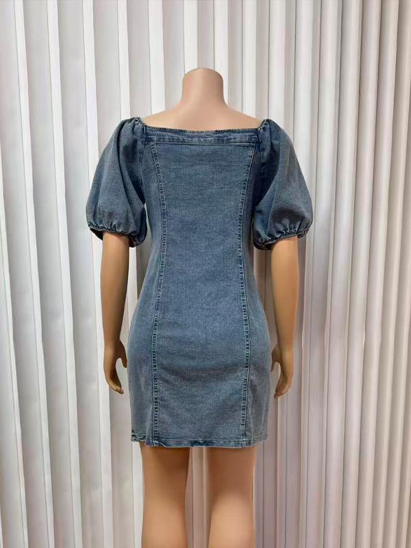 2026 Fashionable Denim Mini Skirt Dress with Square Neck & Cinched Waist