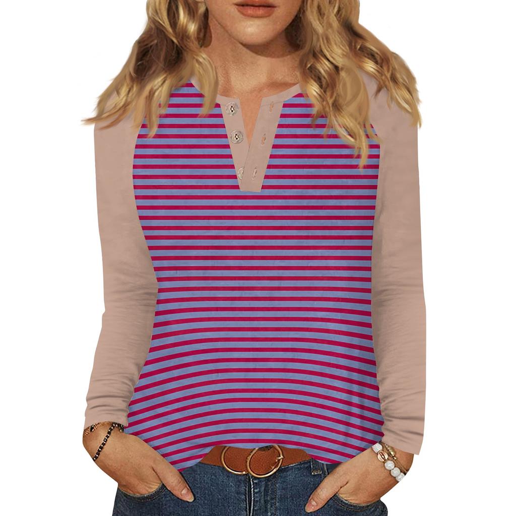 Women's T Shirt Print Button Long Sleeve Daily Weekend Fashion Basic V- Neck Regular Top