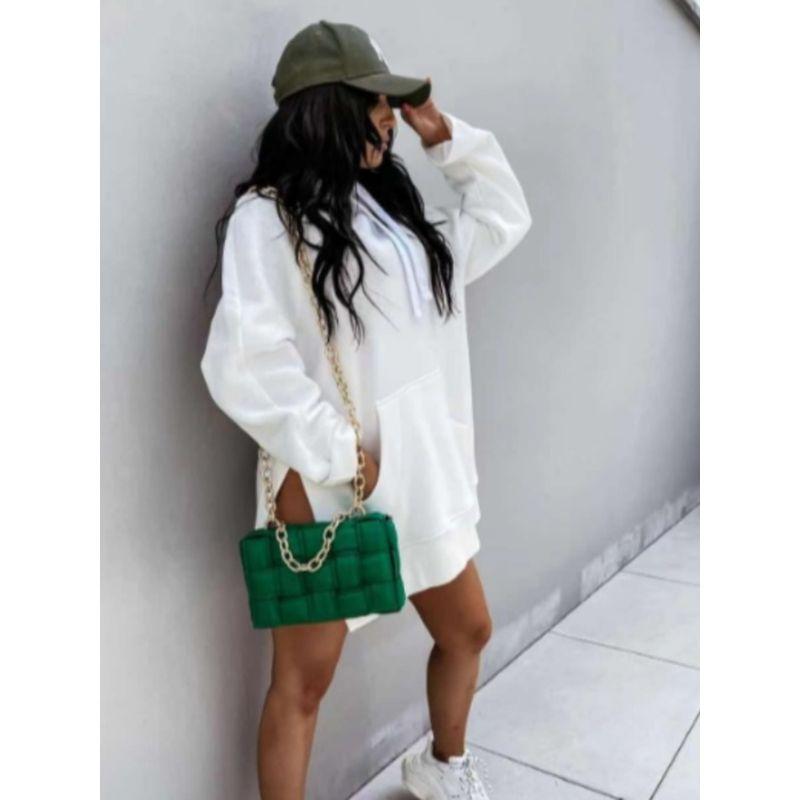 New Fall Women's Clothing Fashion Wind Street Easiest for Match Long Sleeves Pure Color Hooded Tops Split Mid Length Long Length Pocket Sweatshirt
