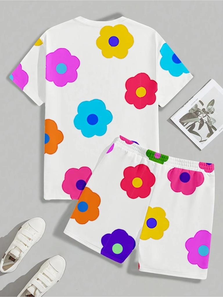 Men's Set Summer New with Colorful Flower 3D Prints, Casual Set with Round Neck, Short Sleeve T-shirt and Shorts