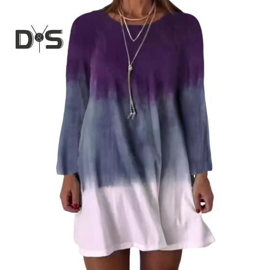 Women's Long Sleeve Dress Gradient Color Printed Dress Loose Fit Round Neck Pullover Dress for Daily Work Parties