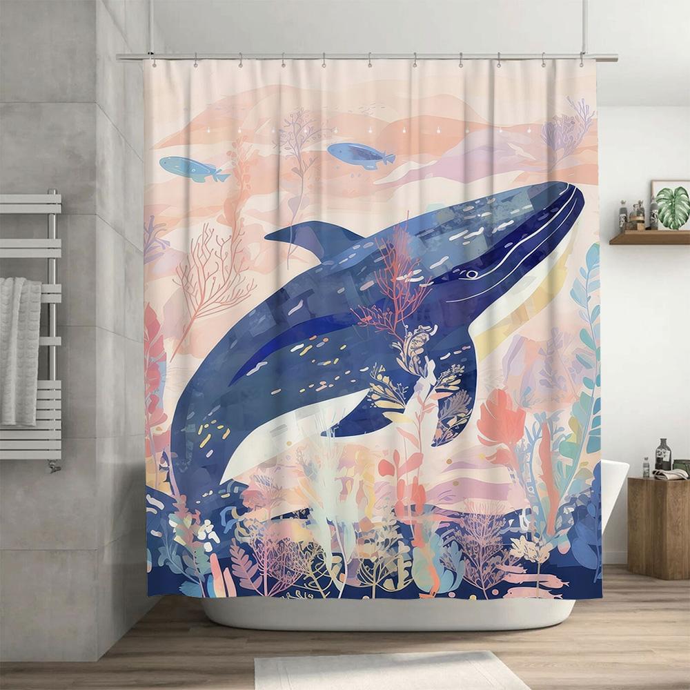 Whale Bathing Blue Shower Curtain for Bathroom Decor Coral Sea Life Print, Polyester Fabric Waterproof 3D Printing Shower Curtai