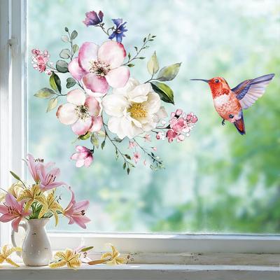 Autocolante de fereastră cu colibri și flori de primăvară pentru uși de sticlă, intrări, livinguri, decorațiuni pentru casă