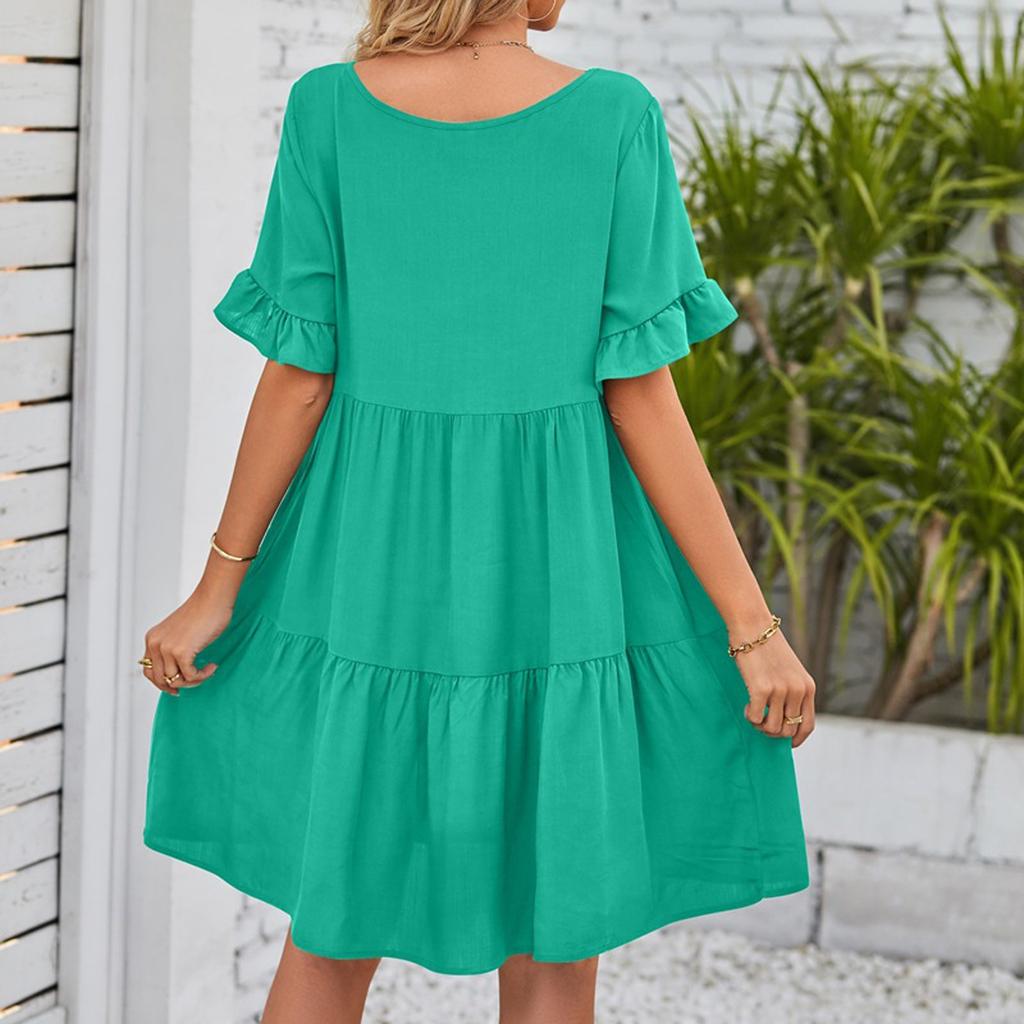 Women's Casual Fashion Summer V-Neck Dresses Solid Color Short Sleeve Pleated Dresses