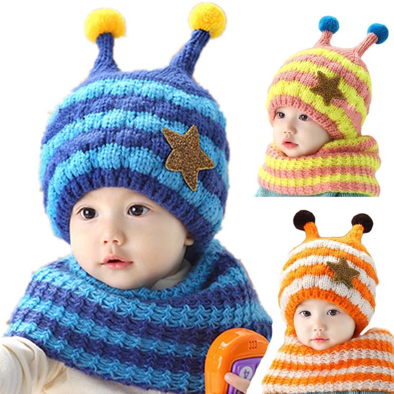 Winter Kids Hat With Plush Ear Protection Big Five-pointed Star Hat Scarf Set Striped Woolen Material Blue Yellow Orange Red Pink