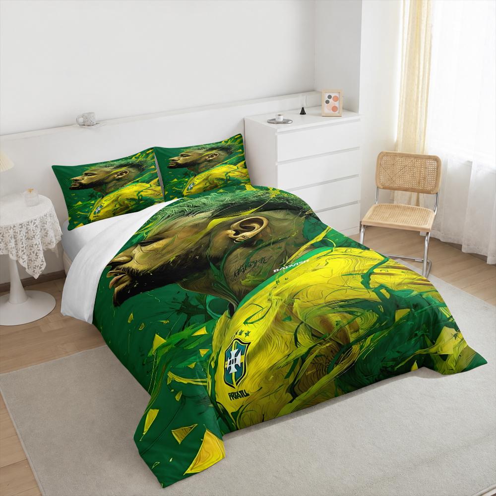 Duvet Cover Set Neymar Brazil Green Yellow Abstract Art 3 Piece Bedding for Adult Fan Gift