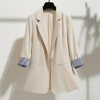 3/4 Sleeve Striped Patchwork Cuff Pockets Women Blazer Solid Color Lapel Single Button Thin Suit Coat Workwear