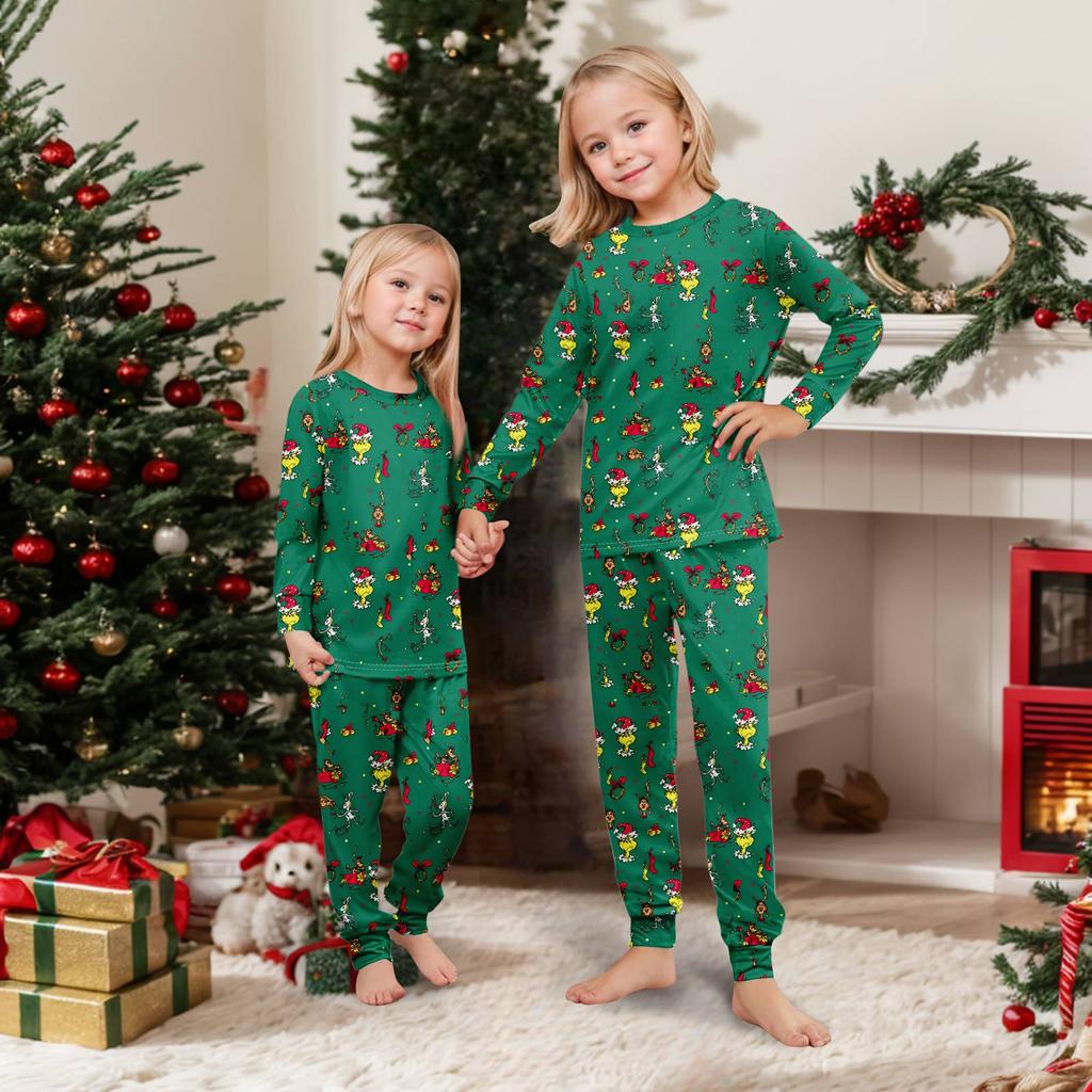 Family Matching Christmas Print Pajama Set, Round Neck Long Sleeve and Long Pants Loungewear for Holiday