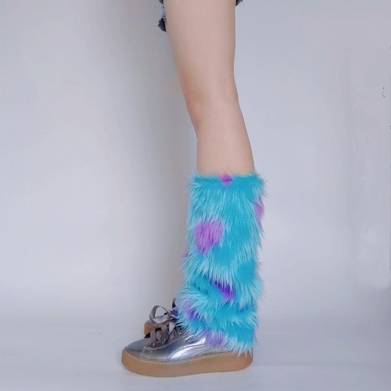 Women Harajuku Winter Warm Plush Leg Warmers Novelty Monsters Colorblock Furry Boots Cover Cosplay Leg Sleeve Long Socks