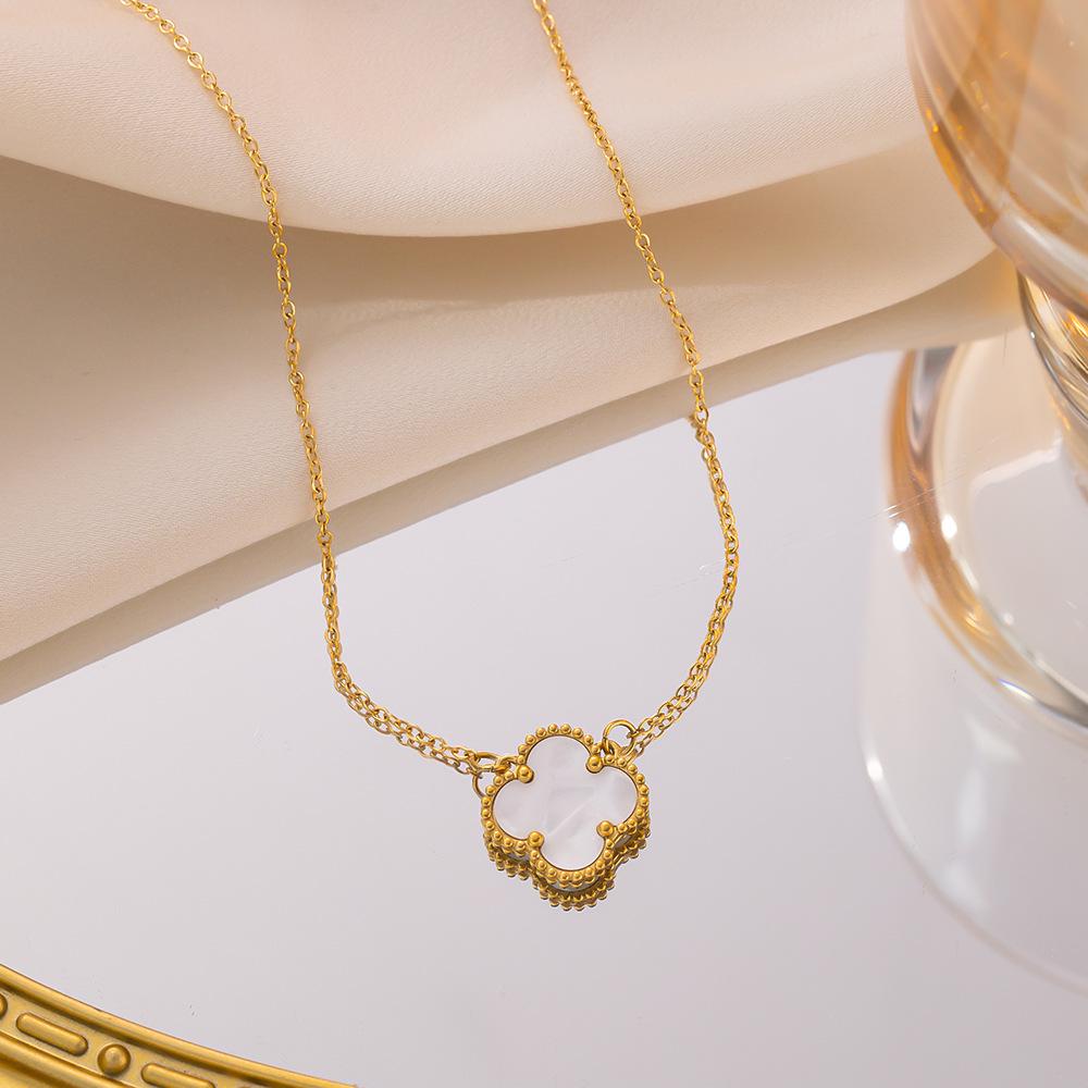 Wenjian Gold Four-Leaf Clover Double-Sided Titanium Necklace - Women's Luxury Fashion Clavicle Chain