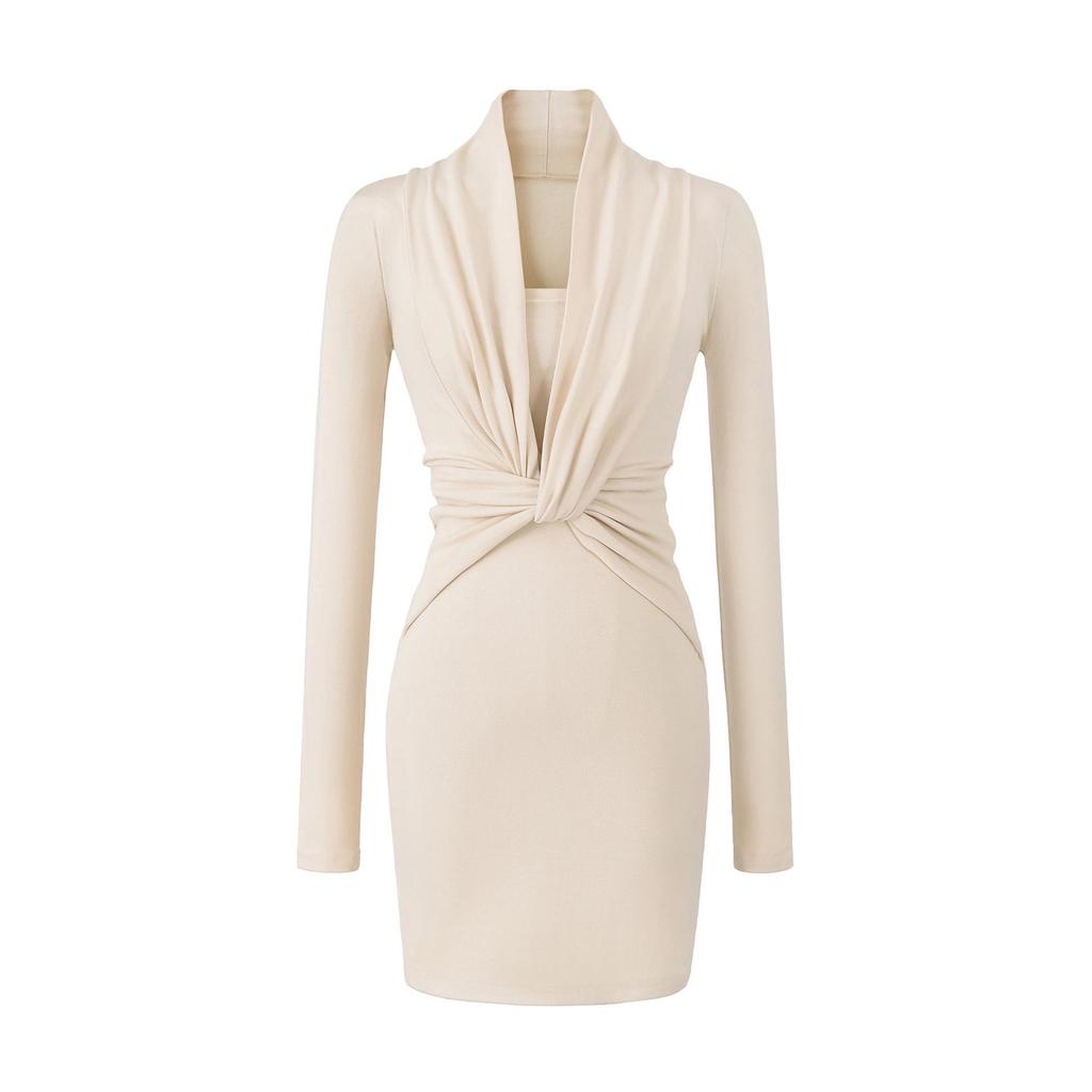 Elegant Women's Black V-Neck Long-Sleeved Slim-Fit Dress, Waist-Cinching and Hip-Hugging, Perfect for Autumn and Winter.