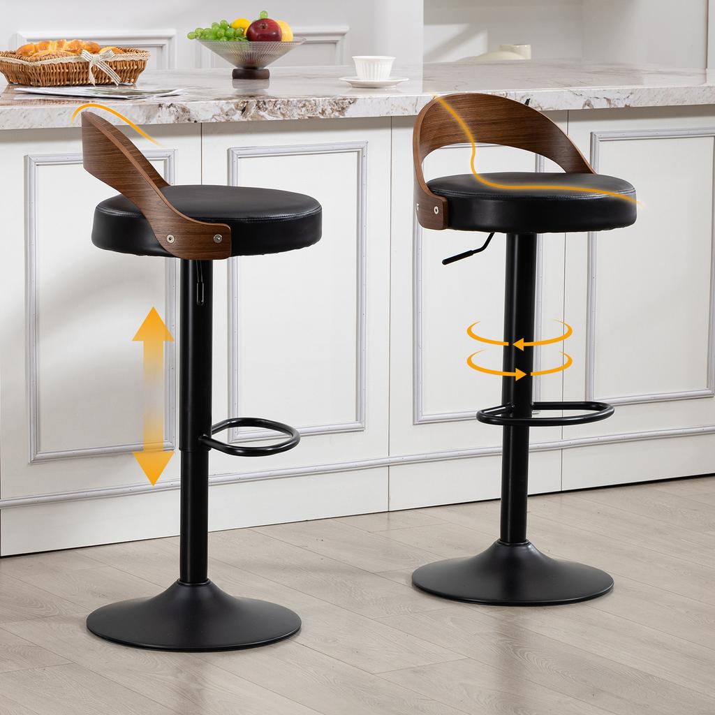 Set di 2 Sgabelli da Bar Rotanti a 360 gradi con Schienale, Legno di Noce Nero, Seduta in PU, Regolabili in Altezza (Pelle PU Nera)