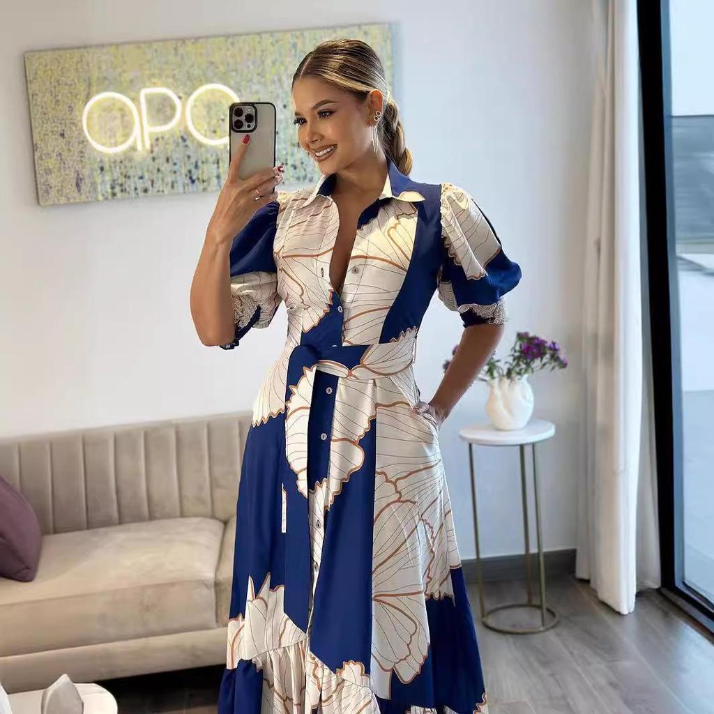 Irregular High-Waisted Printed Shirt-Style Cardigan Dress